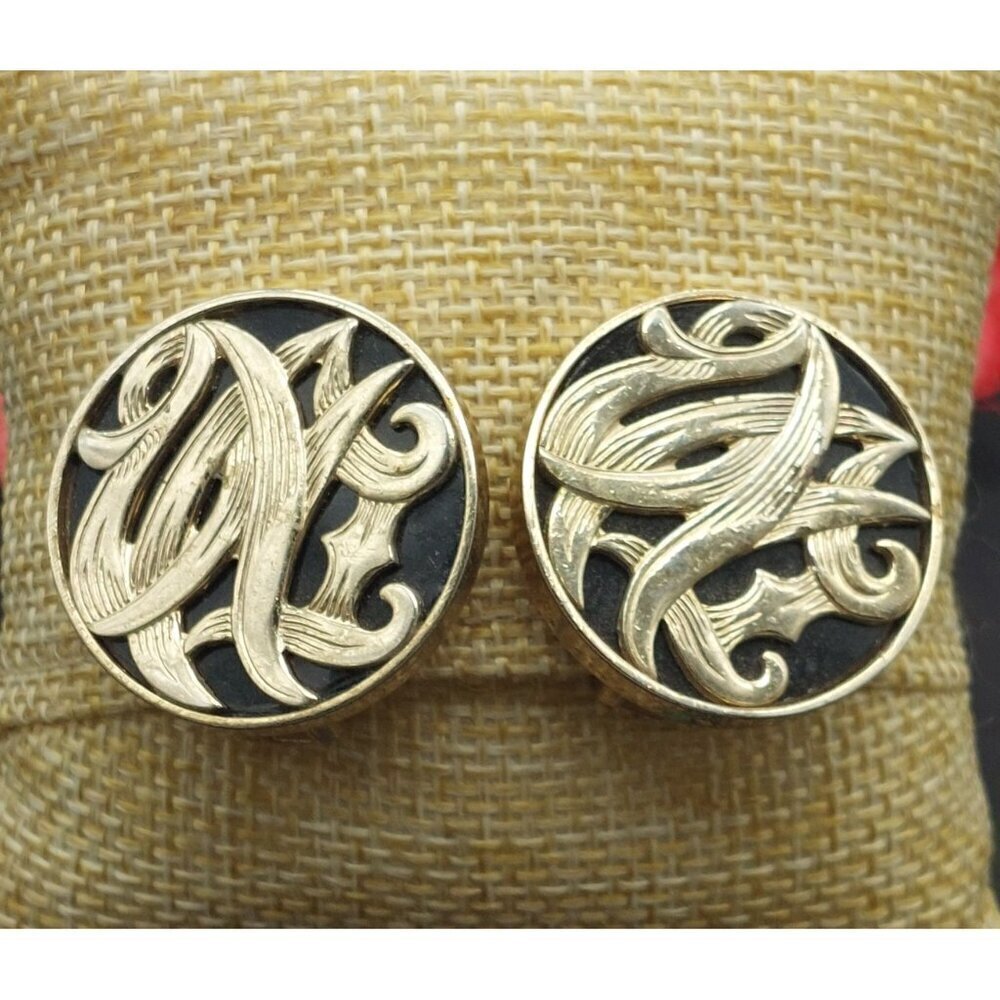 Vintage Bergere Clip On Earrings Large Circles Black Enamel & Gold Swirl Retro - Picture 3 of 7